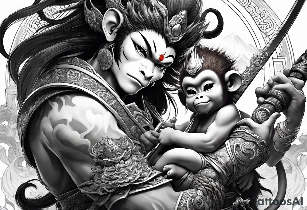 monkey king with weapon, japanese dragon, a shrouded mother holding a baby tattoo idea
