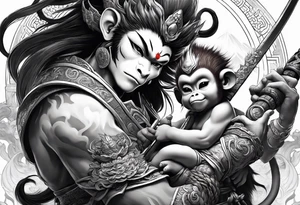 monkey king with weapon, japanese dragon, a shrouded mother holding a baby tattoo idea