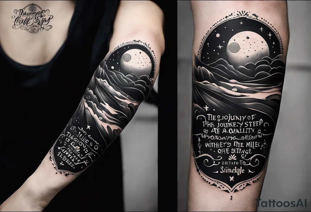 A tattoo featuring a meaningful quote about life's journey, such as "The journey of a thousand miles begins with a single step," accompanied by celestial elements to emphasize the cosmic nature of your path. tattoo idea