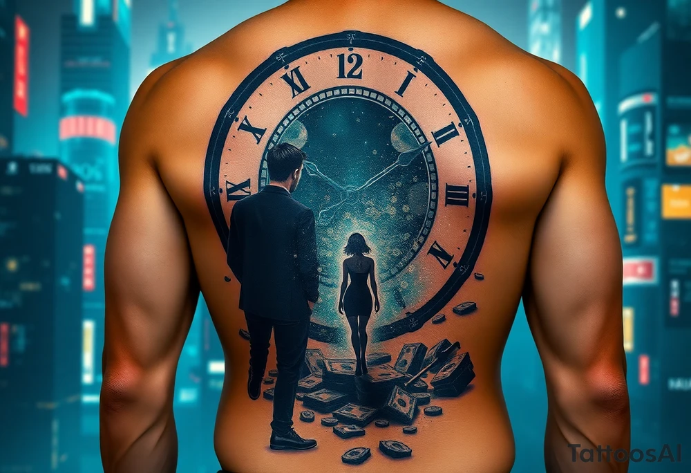 dark futuristic back tattoo, lonely man standing in a neon city, giant broken clock behind him, holographic money dissolving into particles, ghost silhouette of a woman disappearing, emotional storytelling tattoo, cyberpunk style, ultra detailed full back piece tattoo idea
