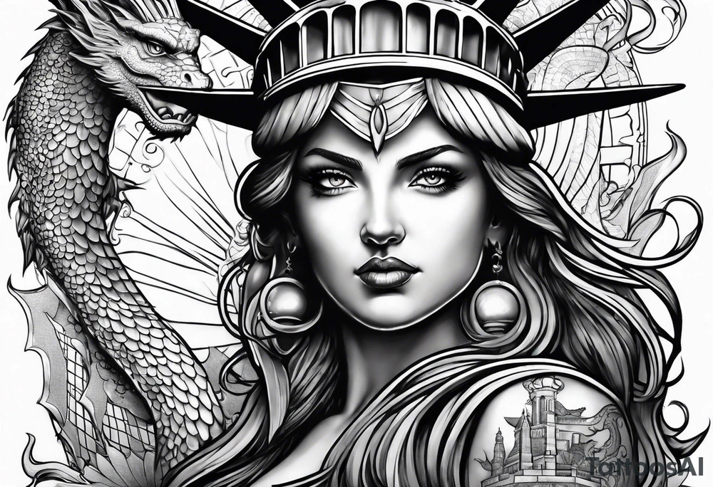 Hot girl as Statue of Liberty with dragon wrapped around her tattoo idea