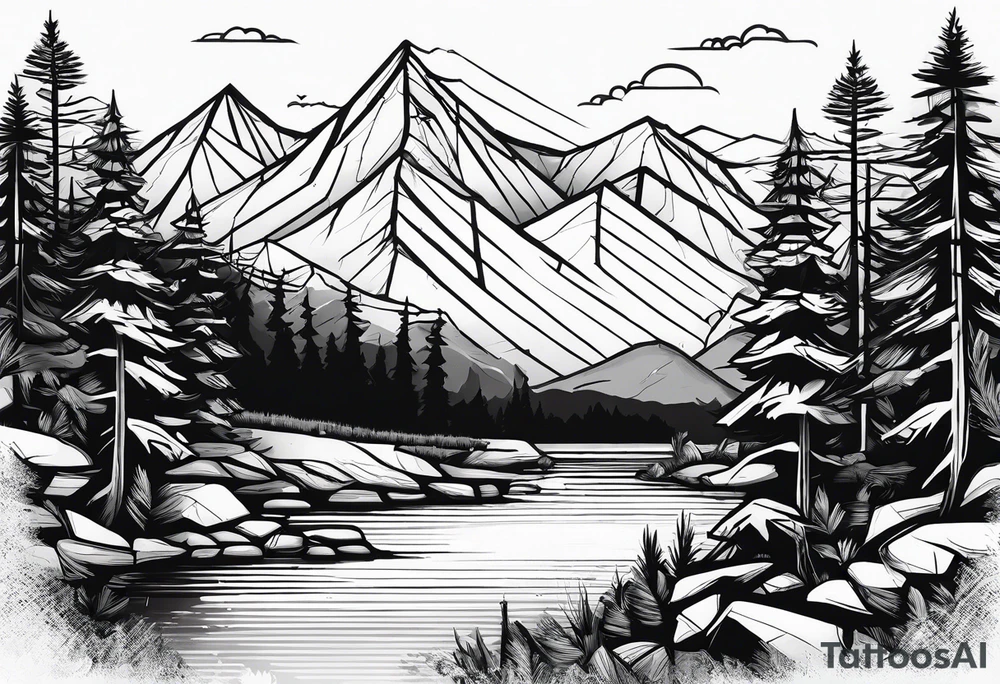 A snow capped mountain with pine trees and a river, the pine trees start to blend into palm trees, and the river becomes an ocean tattoo idea