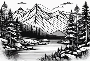 A snow capped mountain with pine trees and a river, the pine trees start to blend into palm trees, and the river becomes an ocean tattoo idea