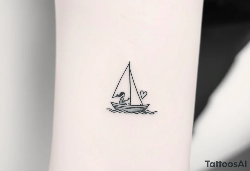 Create a simple sailboat sailing on the ocean. Add a boy and a girl in the boat. Add a heart. tattoo idea