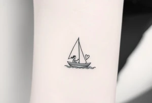 Create a simple sailboat sailing on the ocean. Add a boy and a girl in the boat. Add a heart. tattoo idea