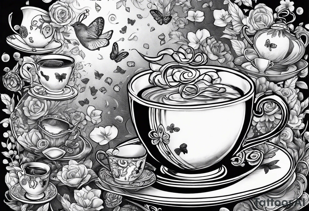 Alice in wonderland falling with tea cup, eat me cookie, butter toast flys, mouse falling tattoo idea