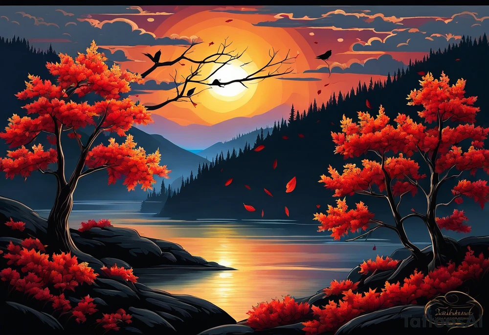 Arm tattoo. Long tattoo. Full sleeve. Shoulder. A maple tree with red autumn leaves that branches upwards. White-throated dipper bird on the trees branches. Calluna flowers at the base of the trees stem. Tree stem has dark colors. Red/yellow sunset behind the trees stem. Leaves falling. tattoo idea