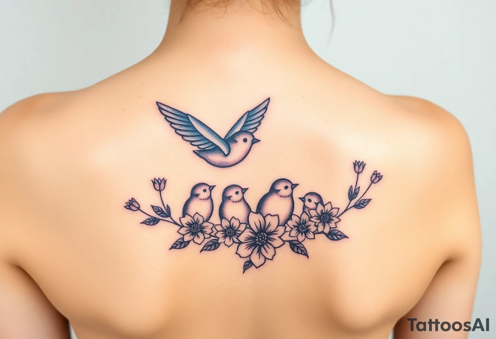Mom bird and three baby birds with flowers tattoo idea