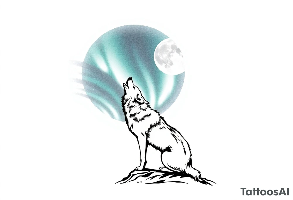 lone wolf howling at full moon with northern lights backdrop tattoo idea