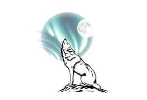 lone wolf howling at full moon with northern lights backdrop tattoo idea