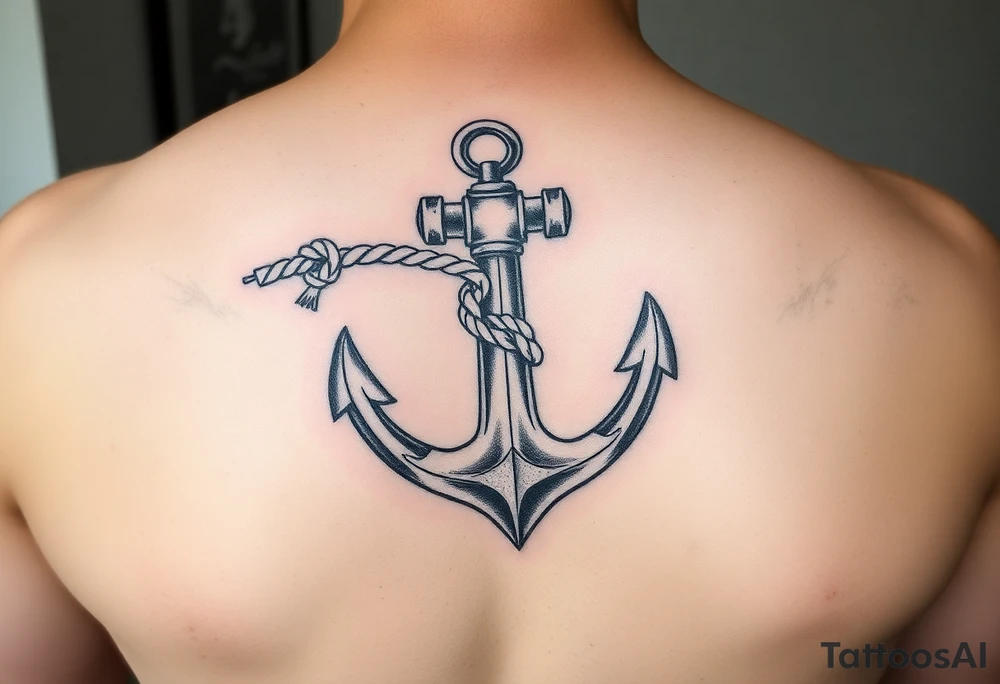 weathered anchor wrapped in nautical rope with sea waves tattoo idea