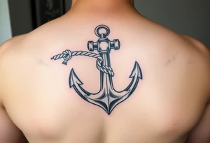 weathered anchor wrapped in nautical rope with sea waves tattoo idea