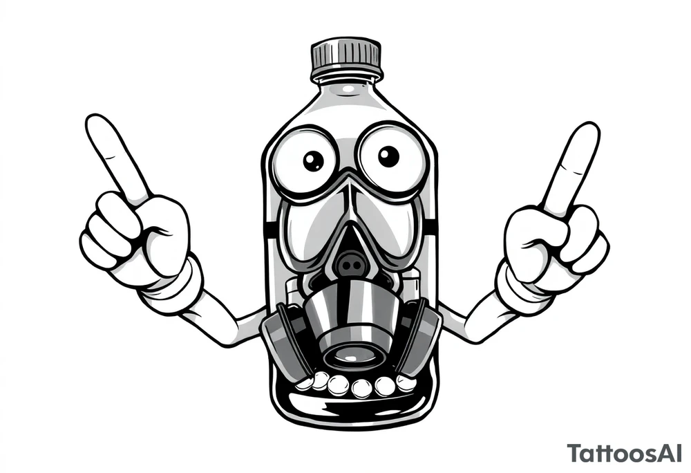 A caricature 2 liter bottle with bulging cartoon eyes and a gas mask on where it’s mouth and nose are supposed to be. Inside the bottle is a lithium battery,and pseudoephedrine tablets, along with a liquid. It has cartoon stick arms with big white gloves one had is holding up his middle finger. tattoo idea