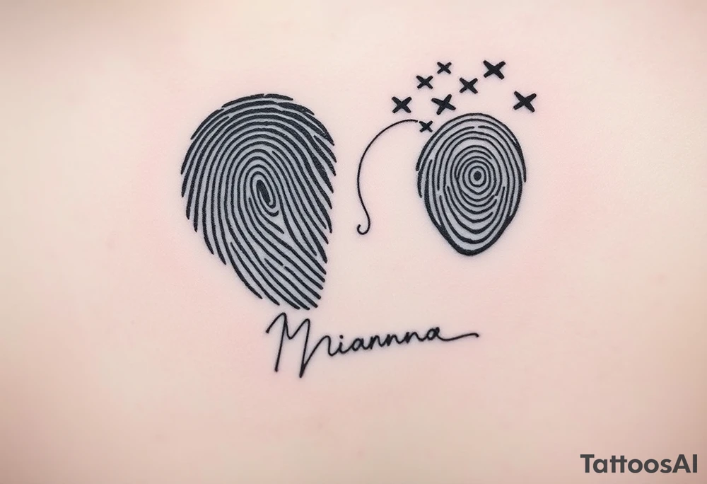 Two fingerprints merged into a heart shape, with the top right edge breaking away into a few small planes flying into the sky.

Signature Beneath the heart in the loved one’s handwriting flowing up into the heart

Take the first image and refine it. The line at the end of the signature should flow upward, creating the right side of the heart and flows into a planes design

Continue to refine the first image. Have the signature start in the left side from the scrolls in the fingerprint. Fade the fingerprint design all the way up to the top right. The entire right side of the heart should have fingerprint design in it but you should be able to distinguish the signature. The signature should be the bottom border of the heart and it's lines should define the bottom left side of the heart and should flow upwards into the plane tattoo idea