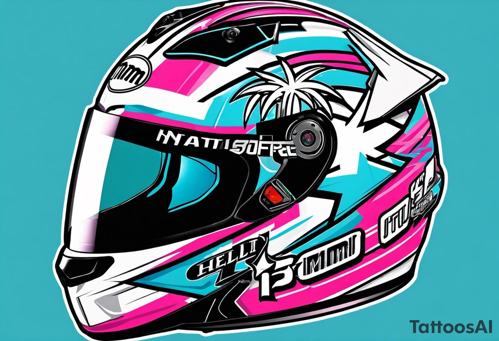 Formula 1 helment with the Miami name a palm tree and light blue black and pink colors tattoo idea