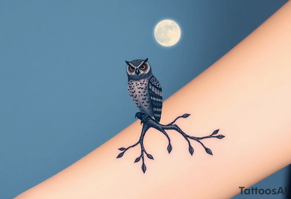 wise owl perched on ancient oak branch under starlit sky tattoo idea