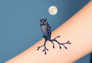 wise owl perched on ancient oak branch under starlit sky tattoo idea