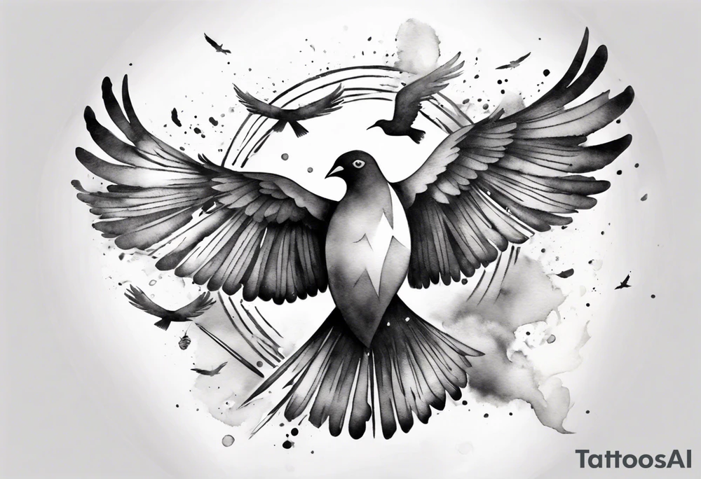 shoulder tattoo with light rays with birds flying free among the clouds, round shape, 3d effect tattoo idea