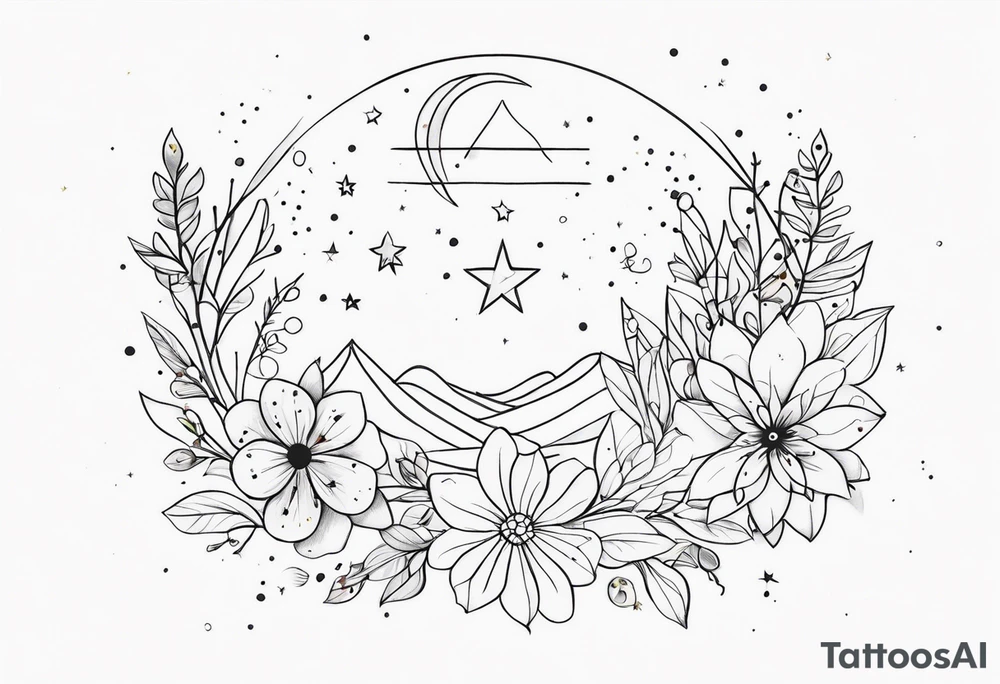 fine line with stars, floral, dots tattoo idea