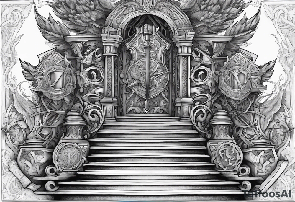 Valhalla sword shield axe stairs   fire tattoo idea
