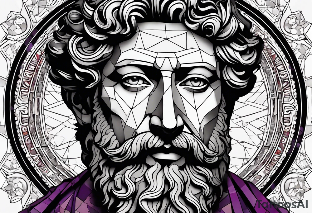 The Face of marcus aurelius with the lower left half missing. He is looking slightly away at 25 degrees. Geometric symbols framing the background. The background has small color splashes of red and purple. tattoo idea