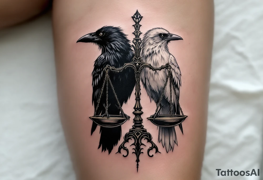 A black and white raven perched on opposite sides of an ornate scale, representing the choice between good and bad karma. tattoo idea