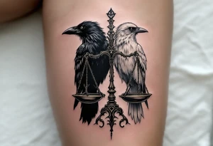 A black and white raven perched on opposite sides of an ornate scale, representing the choice between good and bad karma. tattoo idea