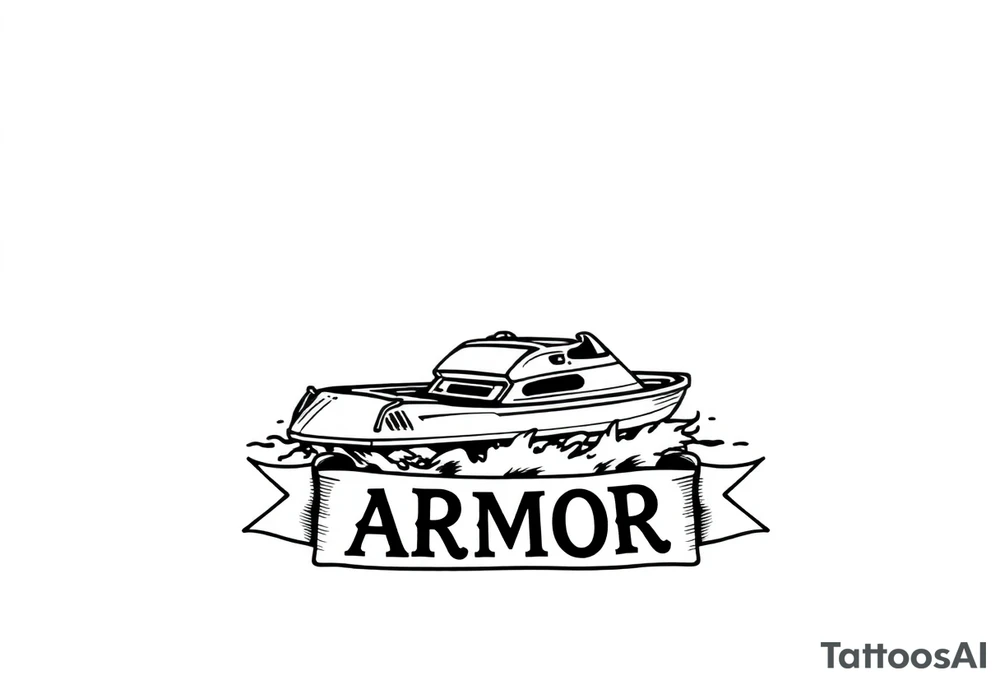 Traditional style tattoo, with a jet boat in the water, with a banner that says “ARMOR” in traditional lettering, add traditional aspects to this tattoo . tattoo idea