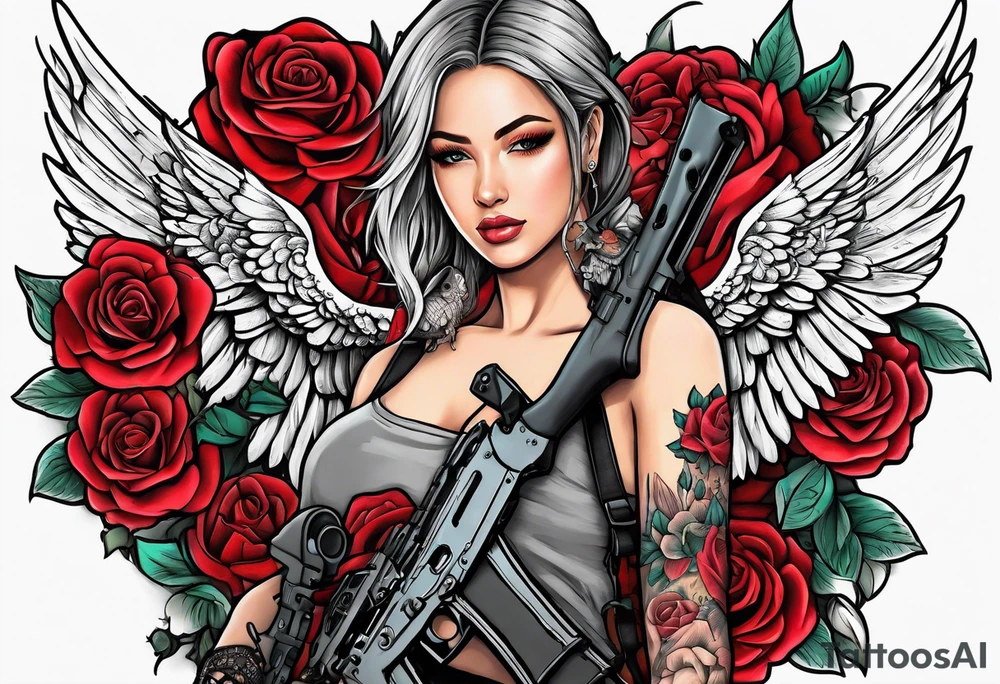Beautiful angle standing from head to toe with wings and tattoos surrounded by roses holding a ak 47 tattoo idea