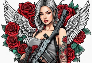 Beautiful angle standing from head to toe with wings and tattoos surrounded by roses holding a ak 47 tattoo idea