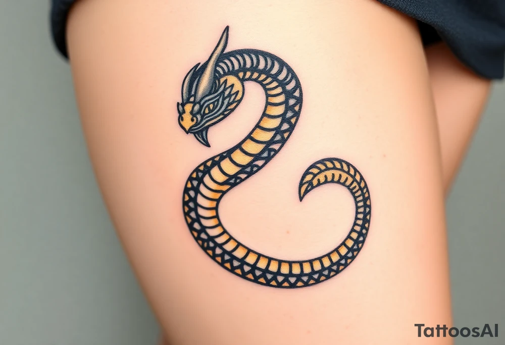 A highly detailed black and gold Ouroboros, with intricate scales and glowing eyes, symbolizing eternity and self-renewal. tattoo idea