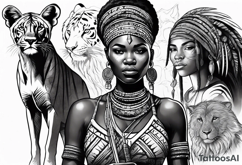African woman warrior with tribe scars and spear in hand with animals in background tattoo idea