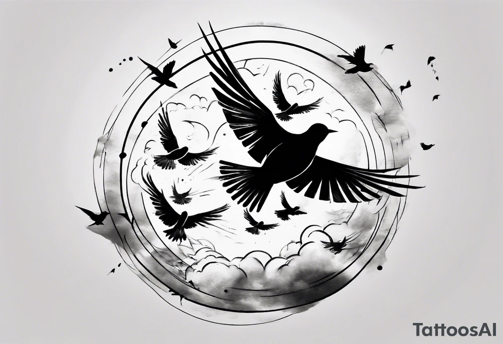 shoulder tattoo with light rays with birds flying free among the clouds, round shape tattoo idea
