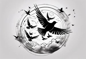 shoulder tattoo with light rays with birds flying free among the clouds, round shape tattoo idea