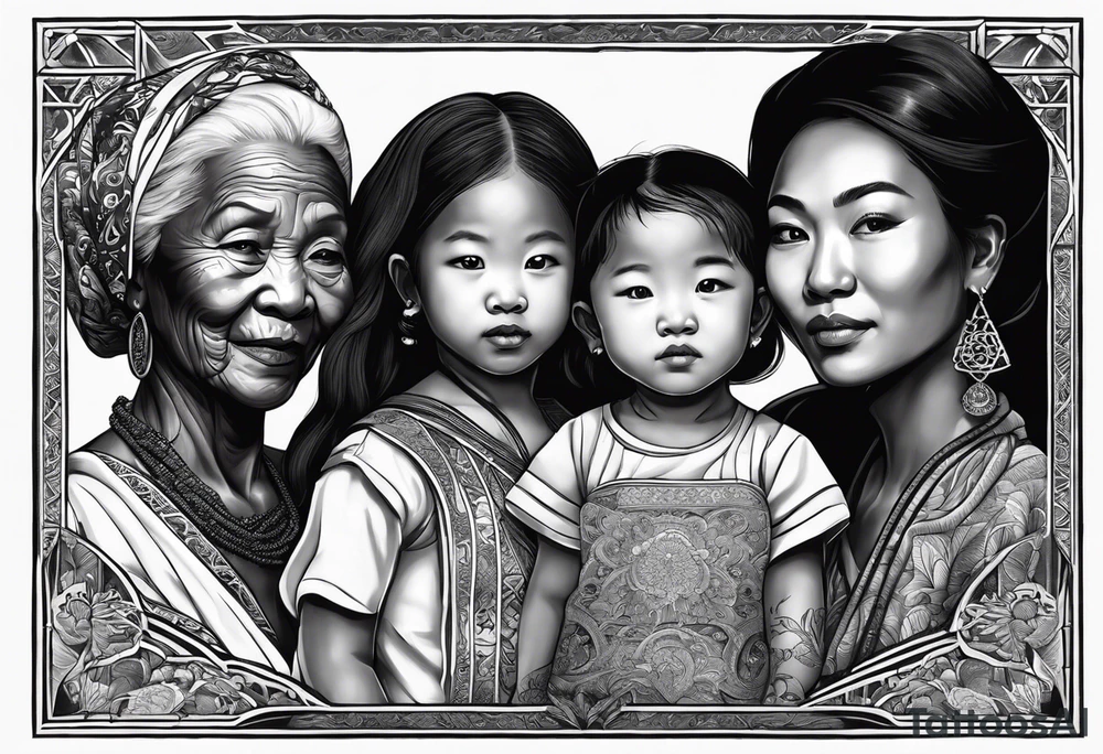 three  people side by side. a really really young black Daughter on the left, a wight mother in the middle, really really old asian grandmother on the right. greater age difference, in an artfully decorated frame tattoo idea