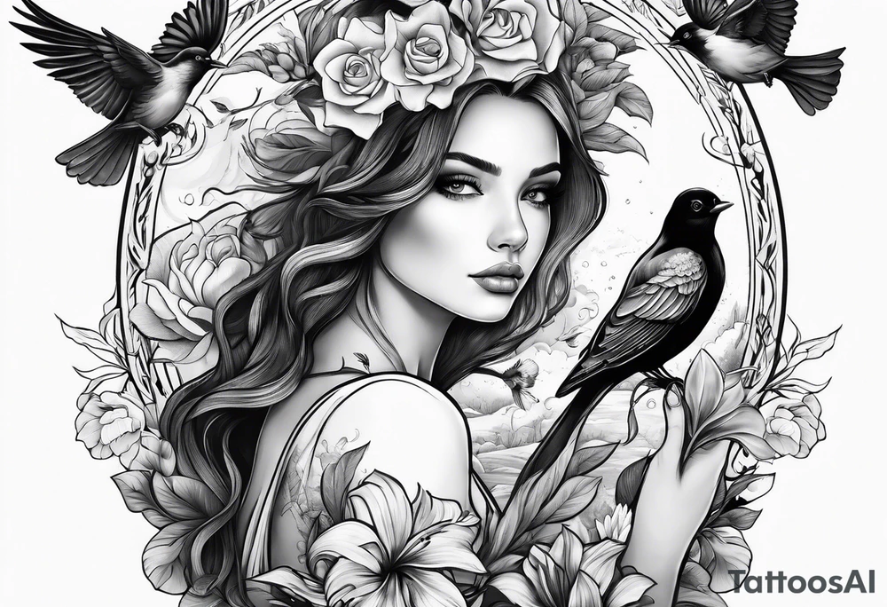 woman holding a book and birds and flowers tattoo idea