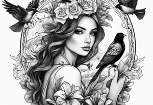 woman holding a book and birds and flowers tattoo idea