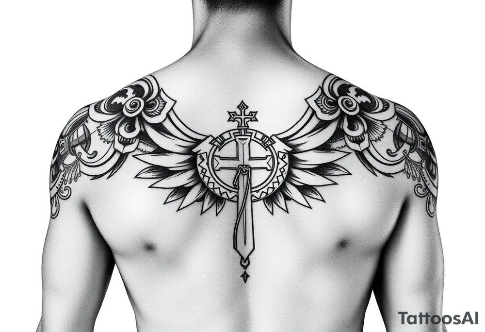 help me brainstorm some ideas and or concepts for a tattoo. I want to incorporate my Mexican culture, especially my Aztec roots, as well as my Christian faith. I want it to look like I’m wearing Aztec armor. chest piece tattoo idea