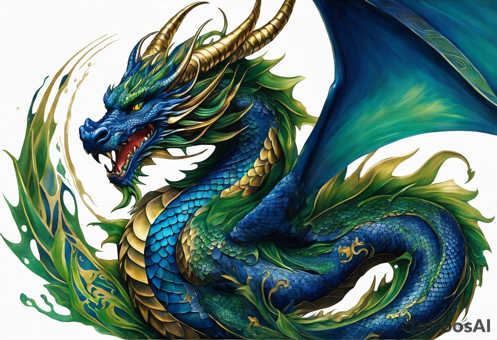 Realist Tattoo: An epic with no wings floating. Its body coiling dynamically, with scales and horns detailed to create a sense of movement and strength. The dragon's main color is dark blue but features accents in green, blue, and gold, giving a vibrant depth and a mystical aura. This tattoo highlights the dragon’s fierce expression and sharp claws as it wraps protectively around the leg. Style: Realism tattoo idea