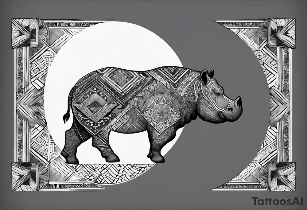 Very asymmetrical, +geometric pattern, with realistic full moon, with hippo at side look, +tribal, +geometric, +inkart , +blackwork, +grey scale, + sketch
with wintersweet flower bud, +inkart touch, +for men tattoo idea