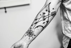 Bow and arrow arm with kompass but simple fineline small tattoo idea