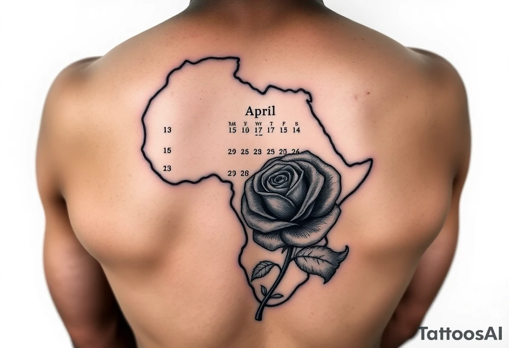 African outline with a calendar showing 12th April with a realistic rose tattoo idea