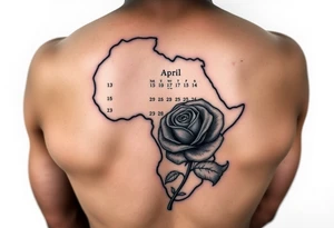 African outline with a calendar showing 12th April with a realistic rose tattoo idea