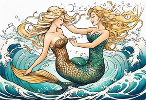 Blond mermaid and son frolicking in the ocean tattoo idea