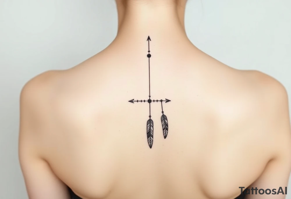 Thin spinal tattoo following down the spine in a native style with 3 vertical different lengths flowing lines made of a discreet connection of morse code ".--- .- --.     .-.. ... -.- .- .-.   -.. .. --.     .-.. .. .-.. .-.. . -... .-. --- .-. forming 3 arrow shapes connected to 3 flowing feathers hanging from the end of the morse code lines tattoo idea