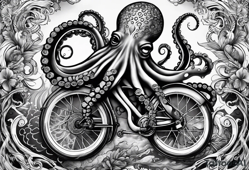 Full arm sleeve , octopus and bicycle parts tattoo idea