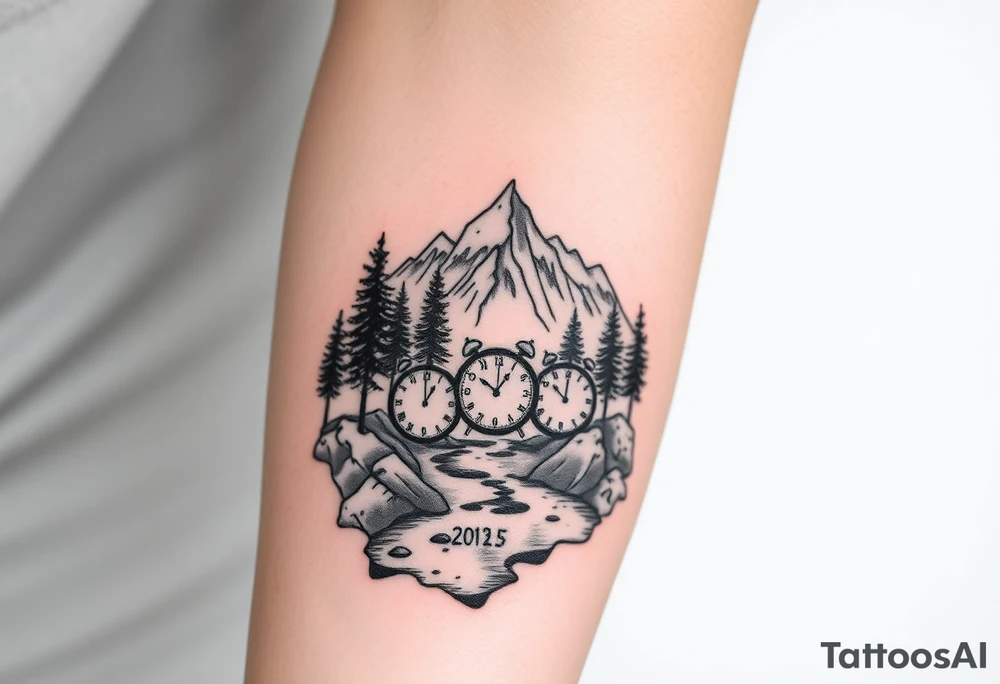Forest landscape with mountains and a river, with three clocks in the river with dates tattoo idea