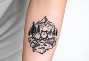 Forest landscape with mountains and a river, with three clocks in the river with dates tattoo idea
