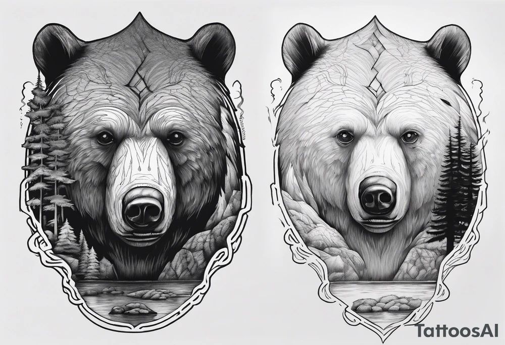 bear head right above the forest line with a lake below, full sleeve tattoo tattoo idea