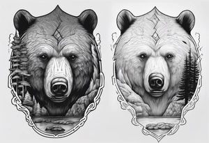 bear head right above the forest line with a lake below, full sleeve tattoo tattoo idea